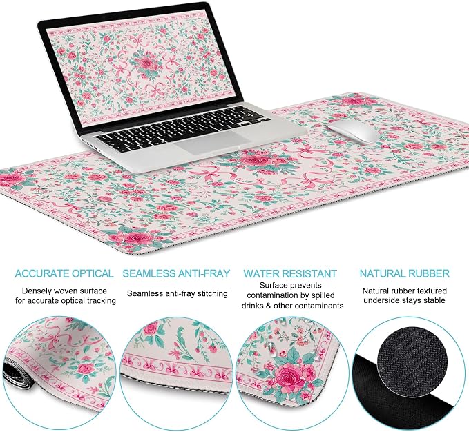LIMKRIAN Pink Bow Floral Mouse Pad Set, XXL Large Desk Mat with Stitched Edges, Ergonomic Mouse Pad with Gel Wrist Rest & Keyboard Rest, Cup Coaster, Cute Gaming Office Desk Decor for Women Girls