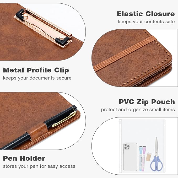 Eyrozill Professional Leather Portfolio with Clipboard, Zipper Pouch, 5 Sheets Plastic Dividers，Leather 3 Ring Binder 8.5 x 11, 1-inch Round Rings, Brown