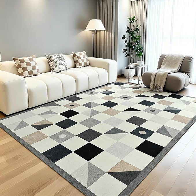 Terrug Grey and Beige Geometric Checkered Rug for Living Room, 5x7 Area Rugs Washable with Non Slip for Bedroom, Soft Low Pile Stain Resistance Carpet for Dinning Room