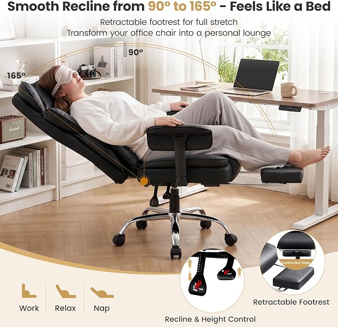 Big & Tall Office Chair, Ergonomic High Back with Footrest Black | 400 LBS Heavy Duty Steel Frame for Plus-Size Users, 23.6" Wide Cushioned Seat, 165° Recline, Ajustable Arms, Lumbar Support
