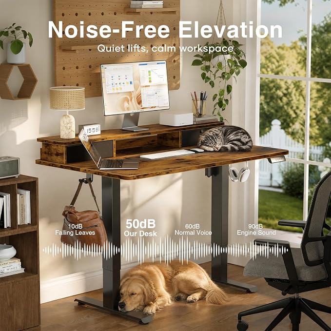 Veken 63x28 in Electric Standing Desk with Drawers, Adjustable Table, Brown | Stand up Computer Desk for Home Office, Work & Study, with Storage, 3 Memory Presets, Cable Organizer, Hook, and Quiet Lift.