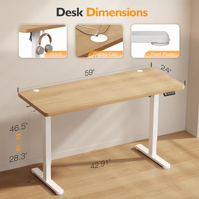 Monomi 59 inch Electric Standing Desk with Memory Preset, Adjustable Height Standing Desk for Home Office & Gaming, Large Computer Desk with Anti-Collision, Natural