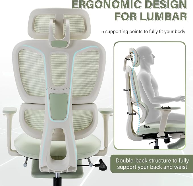 Ergonomic Office Chair with Retractable Footrest, Green | High Back Design, Dynamic Lumbar Support, 2D Headrest & 2D Armrests, Breathable Mesh Back for Home Office