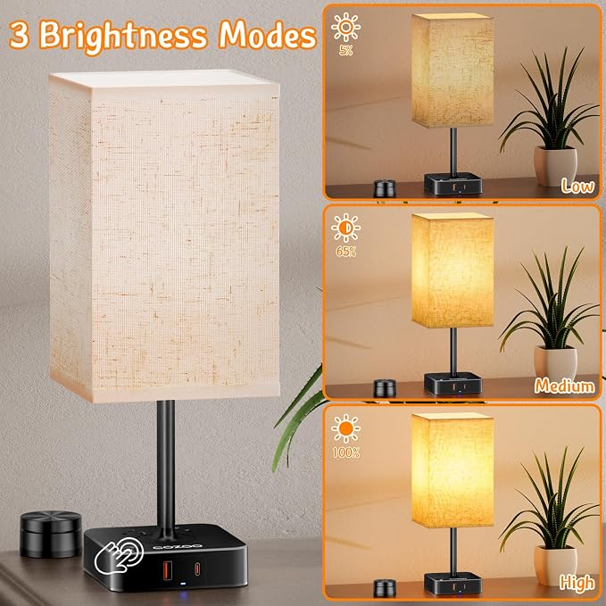 cozoo Bedside Table Lamp for Bedroom, 3 Way Dimmable & Remote Control Stepless Dimming Touch Nightstand Lamp, 2 USB Ports and 2 AC Outlets, Small Desk Light for Living Room, Bed, Study, Flaxen
