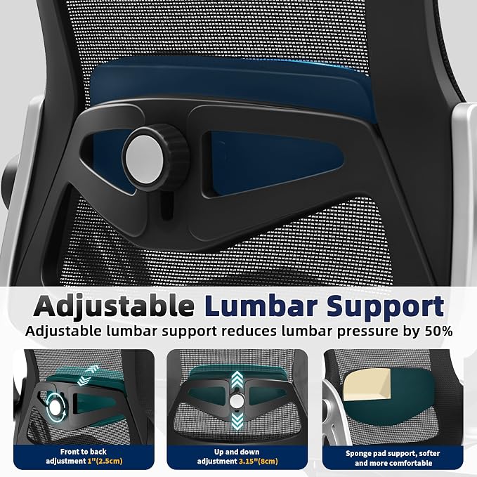 Fizzin Ergonomic Office Chair Mesh Computer Desk Chairs with 3D Armrests | Office Chair with Adjustable Lumbar Support, 90°-125° Tilt, Wide Mesh Seat Swivel Task Chair for Home Office