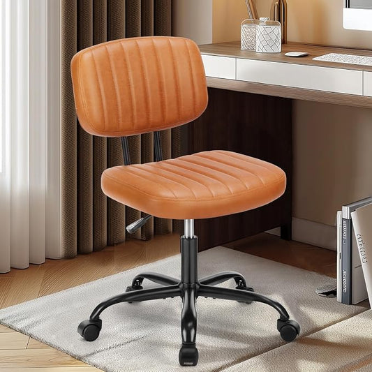 DUMOS Armless Desk Chair, Small Home Office Vanity Chair | Height Adjustable, PU Leather, 360° Swivel Rolling Wheels, Low Back, Bedroom, Deep Brown