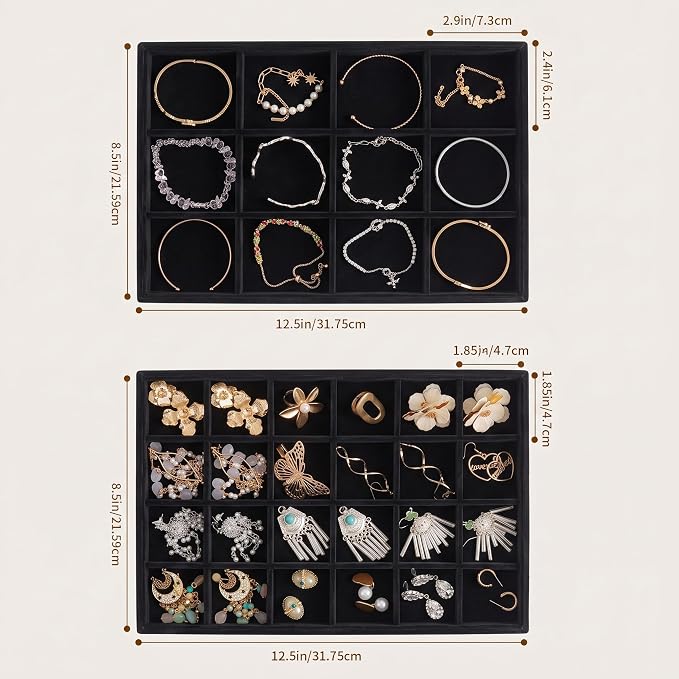 Jewelry Trays for Drawer,Set of 2 Jewelry Organizer and Storage | Velvet Material,Stackable,Adjustable Dividers,Drawer Inserts for Rings Studs Bracelet,Earring Organizer for Women Girls