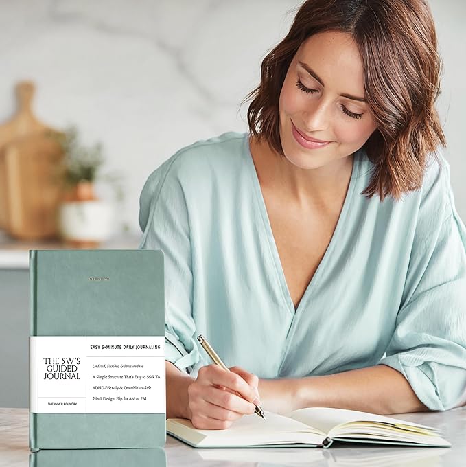 5 Minute Daily Guided Journal for Women | Low Pressure Self-Care and Wellness Journal with Prompts – 2 Sided AM & PM Entries and Brain Dump | Anxiety Relief Item & ADHD Friendly Gift - The 5W's Guided Journal