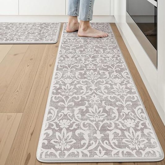 LEEVAN Cushioned Kitchen Mats for Floor Sets of 2, Vintage Distressed Grey Anti-Fatigue Kitchen Mat for Laundry,Non Slip Waterproof Standing Mat for Home,Office, Desk,Sink(17.3"x29"+17.3"x59")