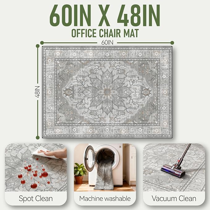 48"x60" Office Chair Mat for Hardwood, Under Desk Chair Mat for Home Office, Anti-Slip Office Rugs for Rolling Chairs, Floor Protector Washable Rugs Warm Gray