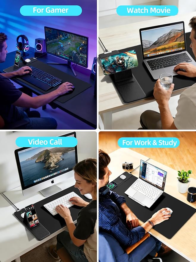 Mouse Pad with Magnetic Wireless Charging & Adjustable Phone Stand, 31.5"x15.8" Extended Desk Mat, Waterproof Ultra-Smooth Keyboard Pad, Non-Slip Base, with 20W PD Adapter, Black