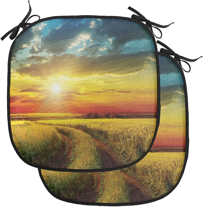 Lunarable Rural Chair Cushion Pads Set of 2, Sunset Over Field Sun Bursting Through Colored Dramatic Clouds Scenic Picture, Anti-Slip Seat Padding for Kitchen & Patio, 16"x16", Orange and Yellow
