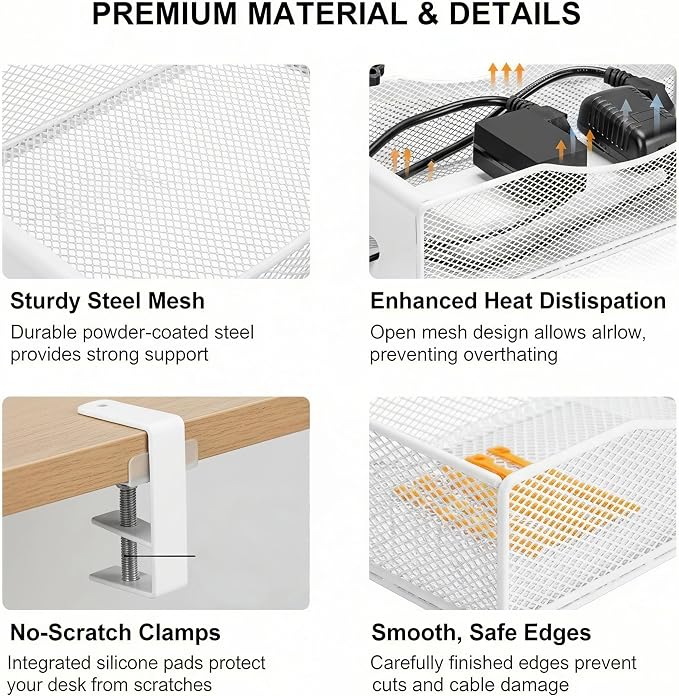 Extra Wide Under Desk Cable Management - 7inch No Drill Installation Cable Management Tray, Clamp/Screw Mount Desk Cable Management, Cable Management Tray for Office, Home((White, XL)