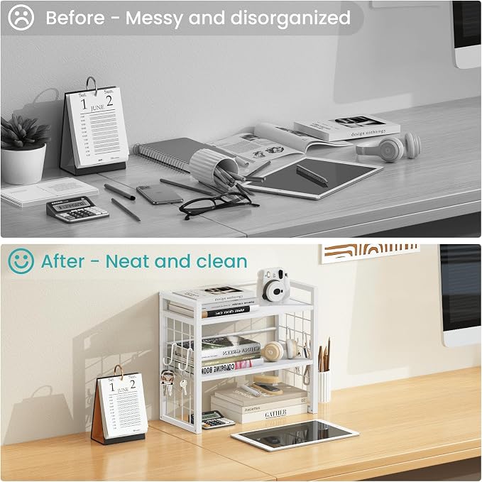 ELITEROO Desk Shelf Organizer, Tiered Wood Desktop Book Shelf, White | Desk Top Storage Rack, Freestanding Tabletop Organizer for Top of Desk, Office Supplies, Books & Decorations