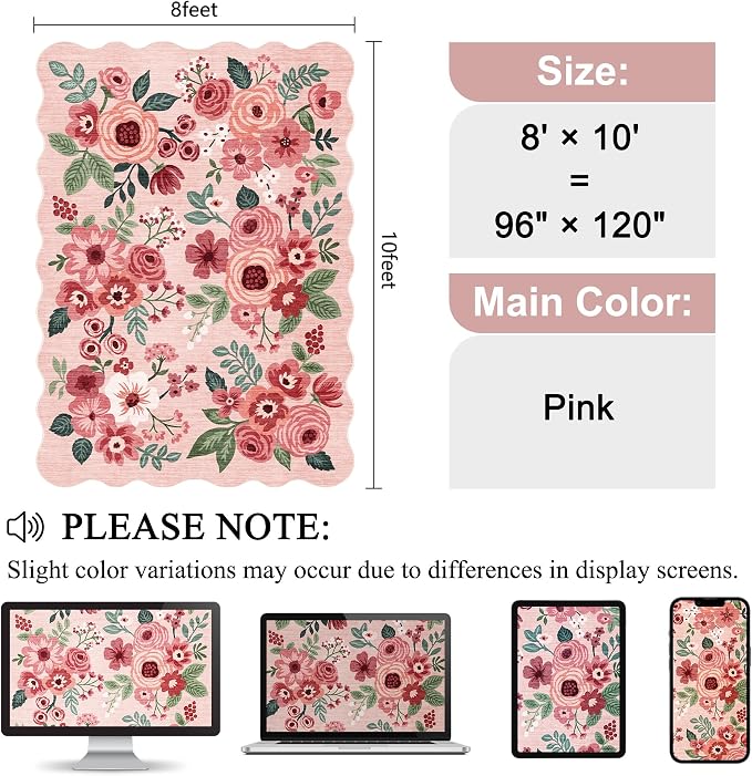 DUKINO 8x10 Area Rug, Floral Washable Rugs for Living Room with Non Slip Backing & Non-Shedding, Lightwight Low Pile Boho Design Large Carpets for Bedroom, Living Room, Dining Room, Pink