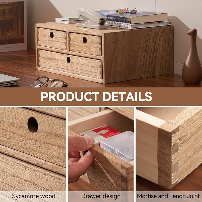KIRIGEN Wood Desk Organizer with 3 Drawers, Desktop Storage Brown 23-DBR | Wooden Desktop Drawer Hold A4 Papers, Stationery, Jewelry, and Makeup, Fully Assembled for Home Office