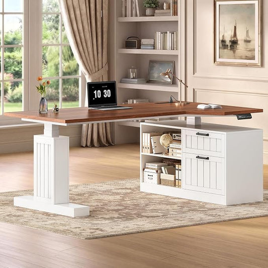 UPOSOJA 59" Farmhouse L Shaped Standing Desk with File Drawers, Electric Executive Desk Adjustable Height with Power Outlets, Storage Shelves, Sit Stand Corner Computer Desk for Home Office, White