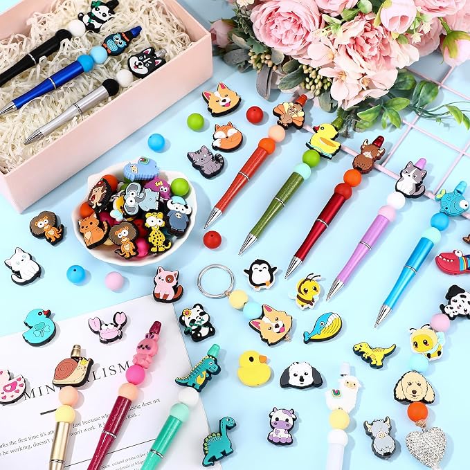 Humyoun 122 Pcs Beadable Pen Kit for DIY Pens Making Back to School Supplies with 12 Beaded Pens 110 Silicone Focal Beads, Black Ink Pen Gift for School Office Students Classroom(Stylish Style)