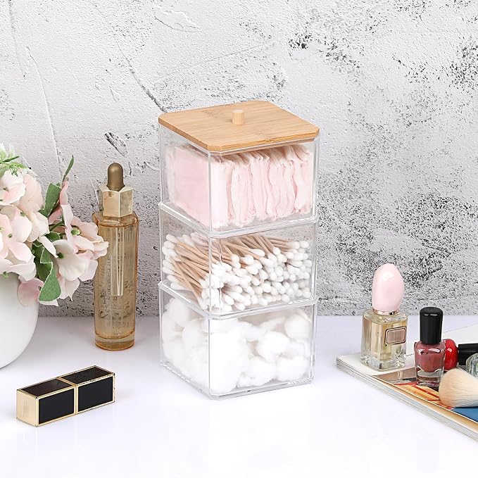BTSKY Clear Stackable Paper Clip Holder with Bamboo Lid 3-Layer Paperclip Box Thick Acrylic Office Supply Accessory Organizer Square Small Storage Holder Cute Qtip Holder for Office Bathroom Vanity
