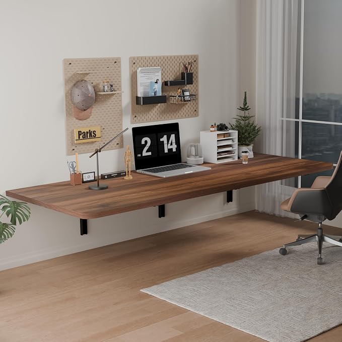 IAE 55" x 22" Floating Foldable Desk,Wall-Mounted Folding Computer Table with Engineered Wood,Study Table with Shelf Brackets,Fold Down Shelf,Fold Computer Desk for Small Spaces,Holds 500 lb,Walnut