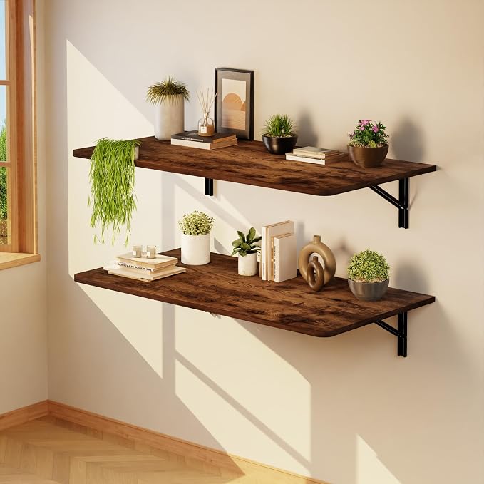 IAE Wall Mounted Floating Foldable Desk, 36" x 22" Folding Computer Workstation Table with Engineered Wood and Metal Shelf Brackets,Fold&Floating Design for Home Office, Apartment,Laundry Room,Rustic