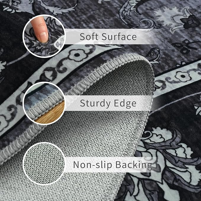 5x7 Area Rugs, Washable Rug for Living Room, Non-Slip Carpet, Dining Room Carpets for Bedroom Entryway, Vintage Floral Medallion, Low Pile, Soft Mat Black/Grey