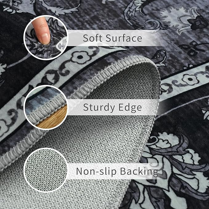 2x3 Front Door Rug,Vintage Washable Area Rugs for Entryway, Non Slip Small Indoor Floor Carpet, Print Black/Grey Door Mat, Soft Low Pile Carpets for Entrance Kitchen Bedroom Bathroom