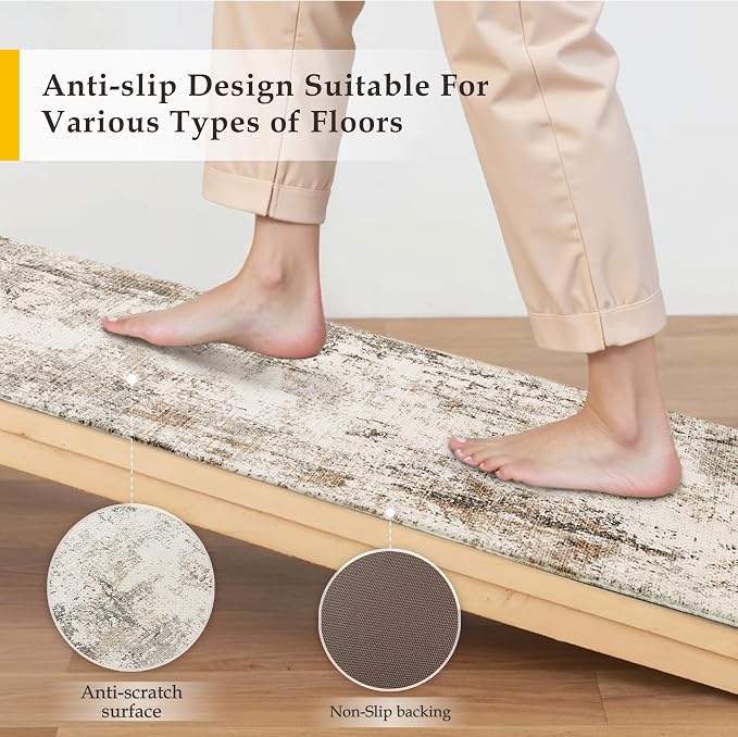 Kitchen Mats for Floor Set of 2 Anti Fatigue Waterproof Kitchen Rug Brown Grey Abstract Cushioned Non-Slip Kitchen Mats Comfort Standing Neutral Mat for Sink Laundry Office 17.3"×59"+17.3"×30"