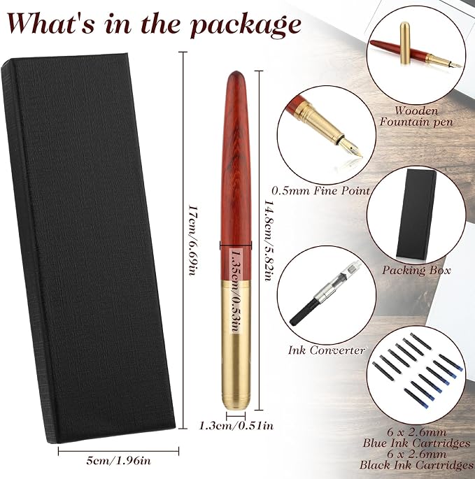 cobee Handcrafted Wooden Fountain Pens Set, Vintage Luxury Wood Fountain Pen 0.5mm Fine Point Smooth Writing Pen With 12 Ink 2.6 mm Cartridges and Gift Box for Journaling Calligraphy Supplies(A)