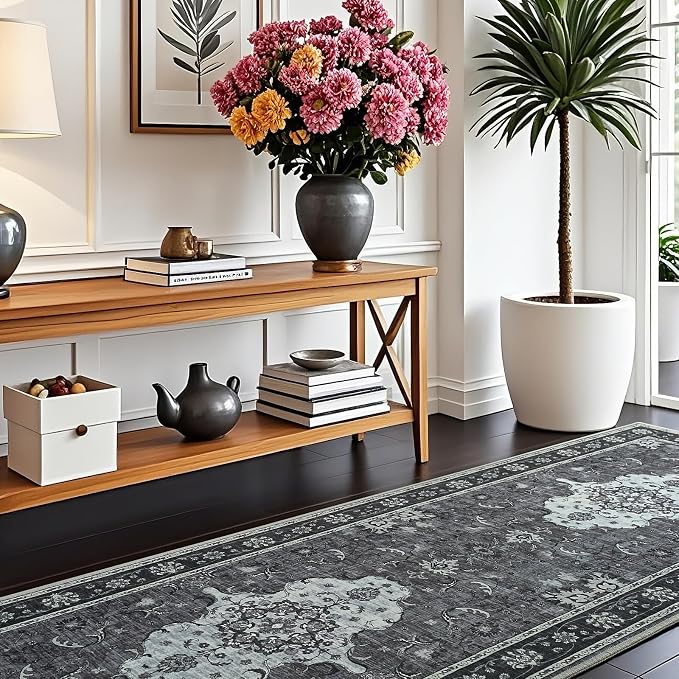 Runner Rug for Hallways Kitchen Rugs Non Slip 2x6 Washable Rugs with Rubber Backing Water Repellent Floor Carpet Low Pile Soft Floral Carpet for, Laundry, Bedroom, Bathroom Black/Grey