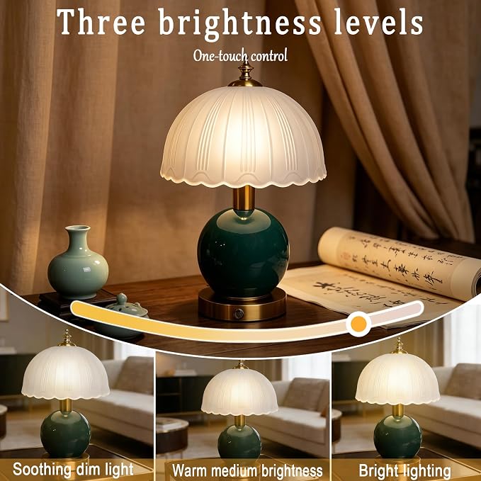 Living Room Vintage Ceramic lamp,12 inch Modern Rechargeable Touch Light, Stepless Light Adjustment Desk Lamp, Classic Chinese Style Emerald Green