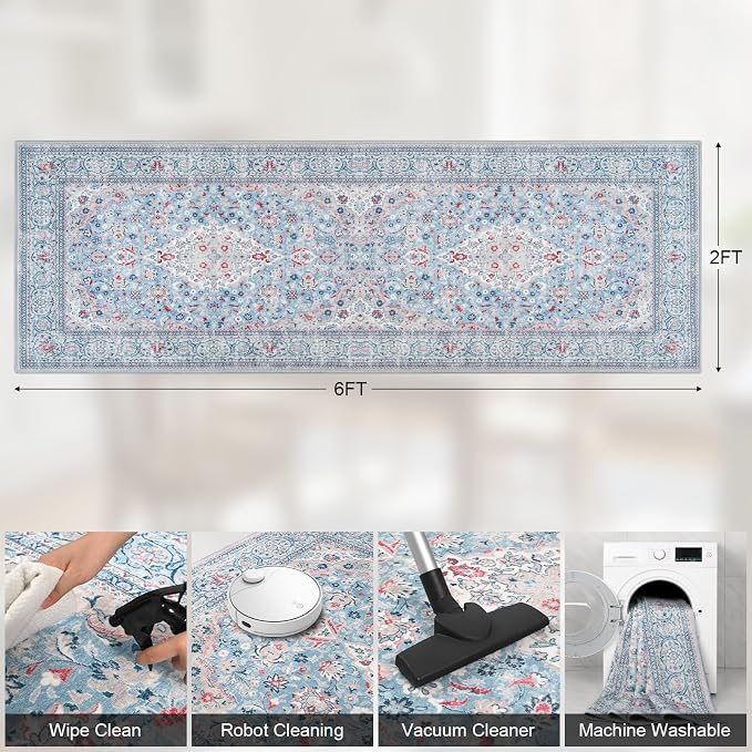 Blue Washable Vintage Runner Rug, 2x6 Boho Bedroom Area Rugs, Soft Non Slip Floral Entryway Carpet Runners, Indoor Low Pile Carpets for Kitchen Hallway Bedside