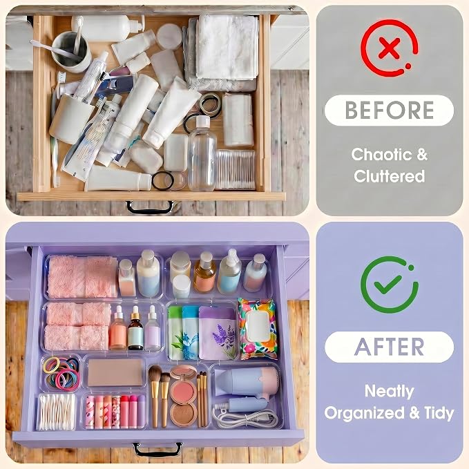 16 Pcs Extendable Clear Drawer Organizer|2-Size Expandable Drawer Dividers | Expanding Plastic Storage Boxes, Arcrylic Storage Bins for Vanity Makeup Drawer Dresser Kitchen Utensils DIY Desk Office