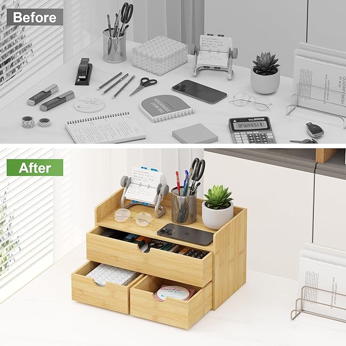 Desk Organizer with Drawers - Bamboo Desktop Organizer Storage | White-Natural Wood Desk Drawers Organizer for Bills, Office Supplies, Cosmetics, Seals No Assembly Required(3 Drawers With Shelf)