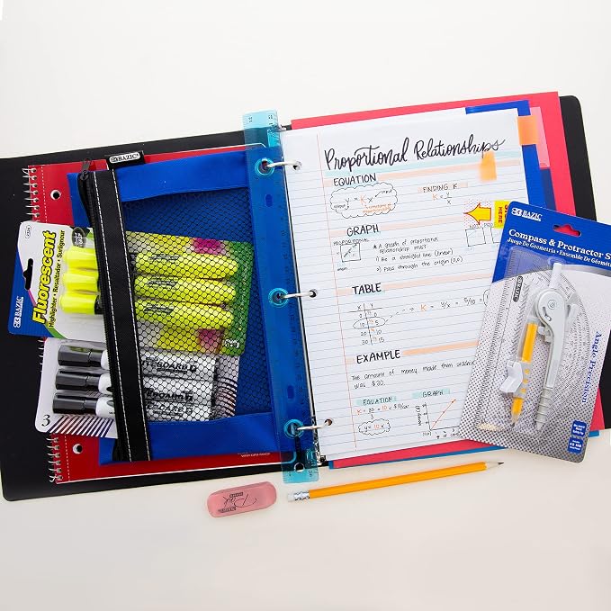BAZIC PRODUCTS Middle and High School Supplies Kit, 65 Pieces, Grades 7-12, Compass Calculator Notebooks Pencils Pens Highlighters, Prepacked