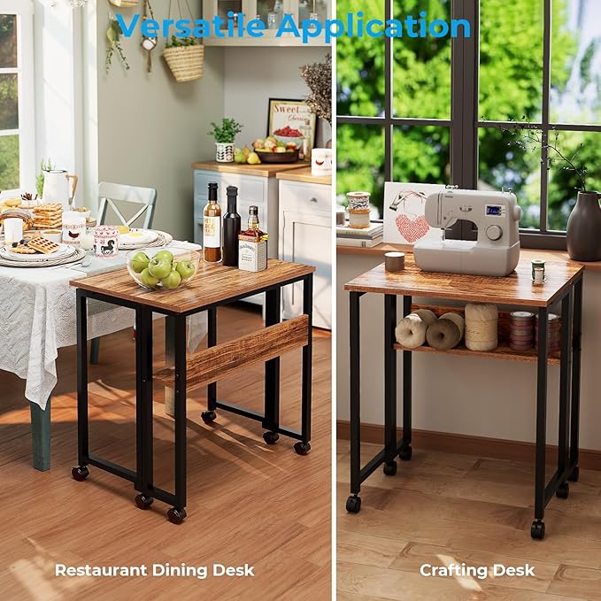 GreenForest Folding Desk Small Rolling Desk with Storage Shelf, 31.5 inch Foldable Computer Desk with Wheels for Small Space, Easy Assembly,Walnut