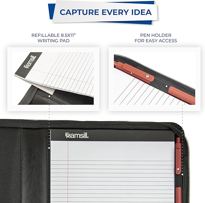 Samsill Contrast Stitch Leather Zippered Portfolio Folder/Business Portfolio for Men and Women, Resume/Document Organizer with Writing Pad, Black (71720)