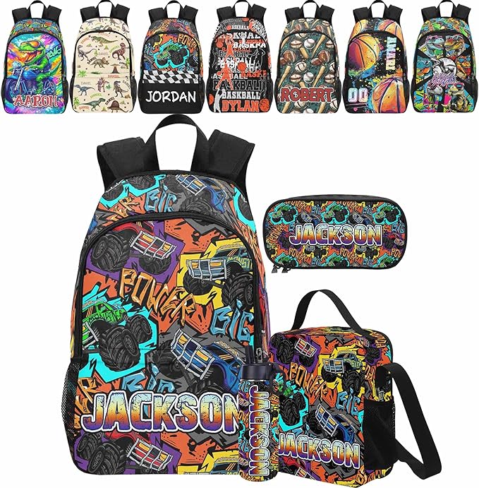 Personalized Cars Toddler Backpack with Name Custom Kids School Backpack for Boys Back to School Supplies Customized Name Schoolbag Bookbag and Water Bottle Cup&Pencil Pouch for Preschool Elementary