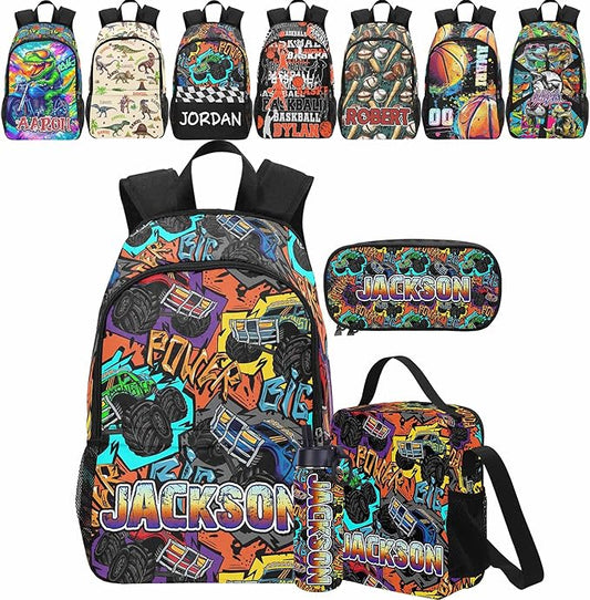 Personalized Cars Toddler Backpack with Name Custom Kids School Backpack for Boys Back to School Supplies Customized Name Schoolbag Bookbag and Water Bottle Cup&Pencil Pouch for Preschool Elementary