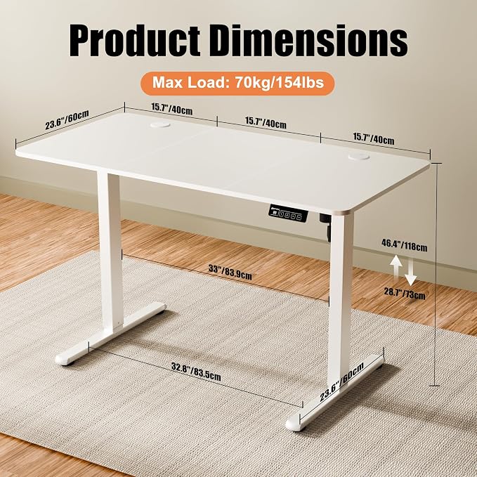 ERGOMAKER 47"x24" Standing Desk, Height Adjustable Sit-Stand Office, White | Electric Adjustable Standing Desk, Sit to Stand Computer Office Desk with Splice Board, Memory Preset, Lifts 28.7''-46.5"