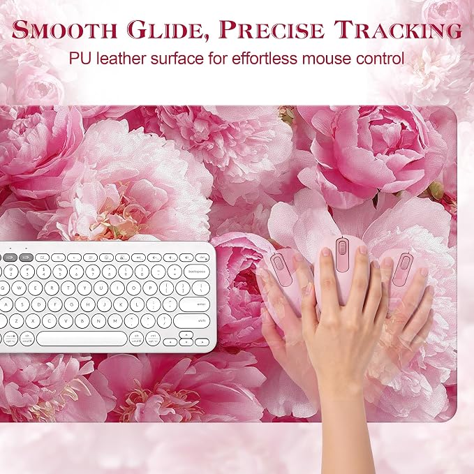 Desk Mat Desk Pad for Keyboard and Mouse, 31.5 x 15.7 in, Pink Peony Floral PU Leather Computer Protector, Non-Slip Base, Waterproof, Easy Clean for Office Gaming, Mouse Pad
