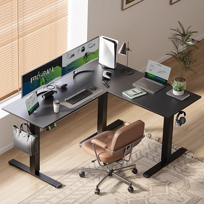 Claiks L-Shaped Electric Standing Desk with Dual Motors, 59 x 51 Inch Black | Spacious desktop, 28.3 to 46.5 inch height range, 176 lbs capacity, memory presets, headphone hook