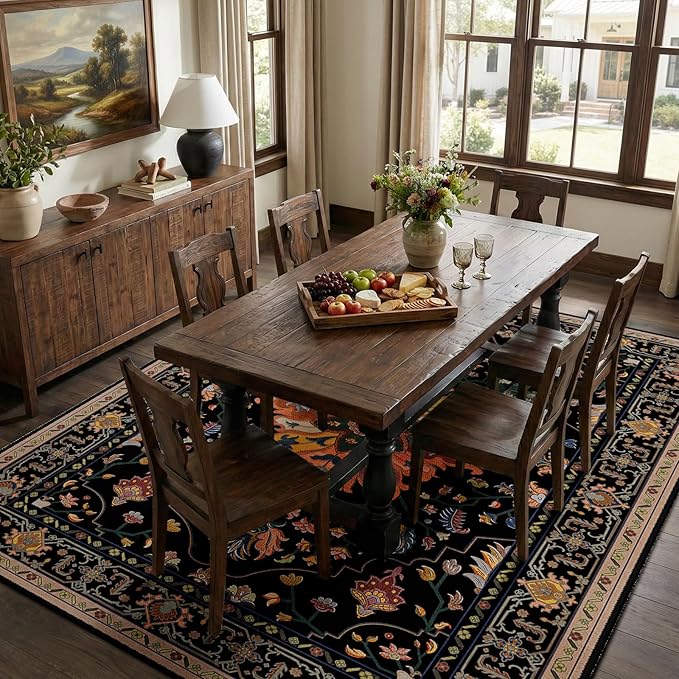 RELEANY Area Rugs Large 9'x12' Washable Non-Slip, Floral Vintage Distress Medallion Carpet for Living Room Bedroom Dining Room, Black Colorful Floral Dark Tan