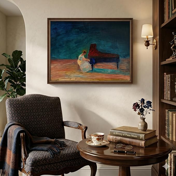 Framed Vintage Music Wall Art, Retro Mid Century Modern Piano Canvas Prints Artwork for Walls, Abstract Woman Picture for Music Room Dining Room Bedroom Living Room Elegant Home Wall Decor, 24x18 Inch