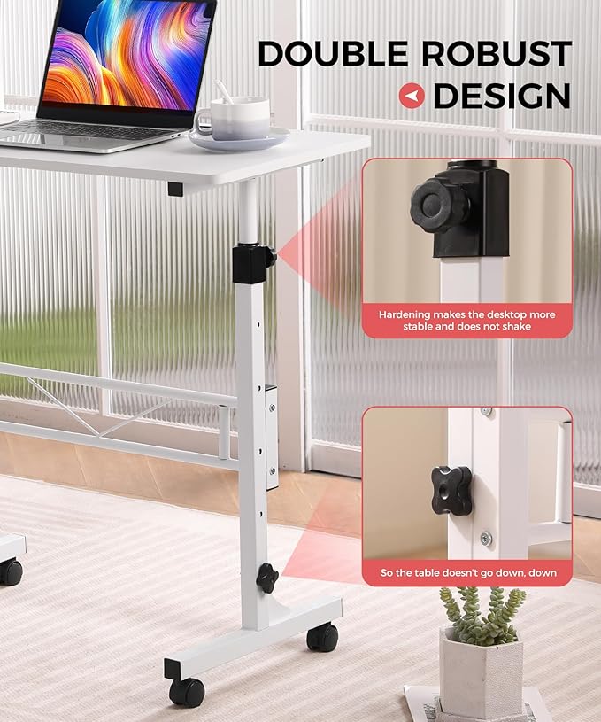 KLSMYHOKI Standing Desk Adjustable Height, Mobile Stand Up Desk with Wheels Small Computer Desk Rolling Desk, Portable Laptop Desk White Standing Table Home Office Desks 16"x31.5" Height 27"-43.5"
