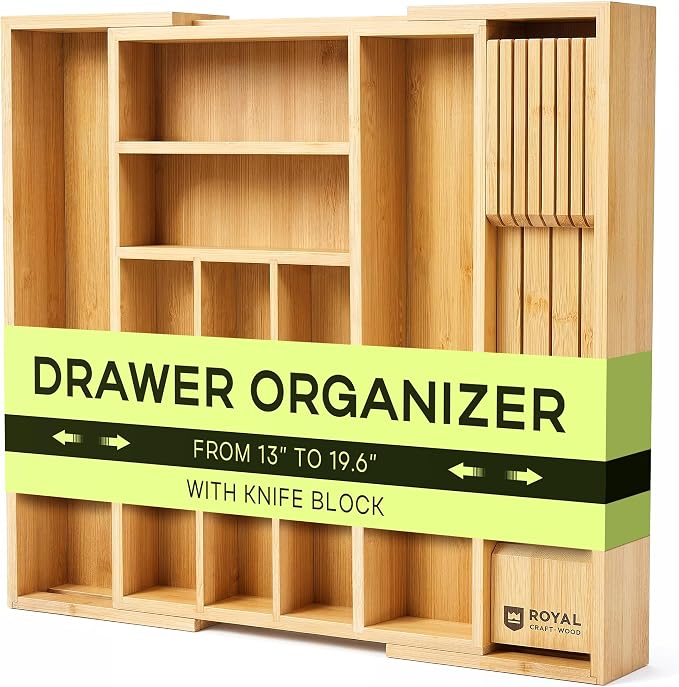 Drawer Organizer for Kitchen Organization – Expandable Bamboo Silverware Drawer Organizer with Removable Knife Block, Bamboo Cutlery, Non-Slip Utensil Organizer with 7-Slot Knife Storage for Flatware