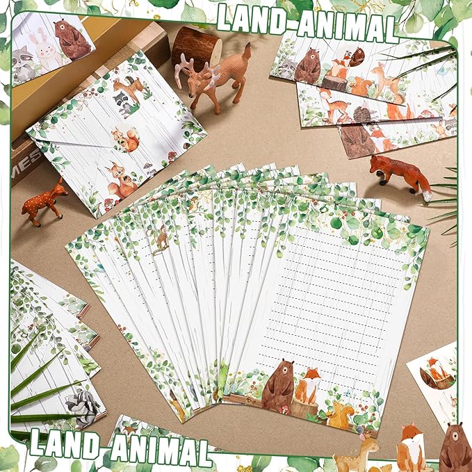 TaoBary 160Pcs Stationery Paper Set 50 Double Sided Stationery Papers with 50 Matching Envelopes and 60 Round Dot Sticker, 10Design (Woodland Animal,5.5 x 8.25 Inch)