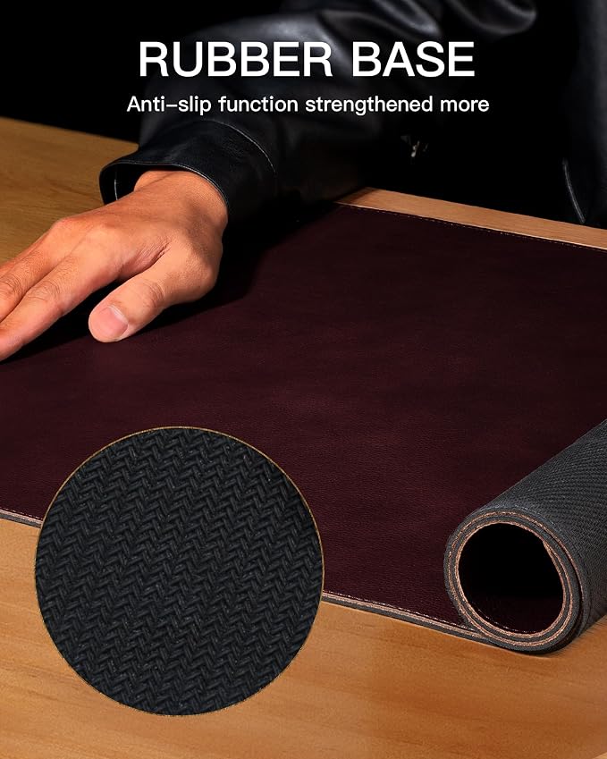 YSAGi Genuine Leather Desk Mat, 35.4"x17" Office Desk Pad, Thick Desk Pad Mat with Stitched Line, Non-Slip Desk Mat with Rubber Base (Red Brown, 35.4"x17")