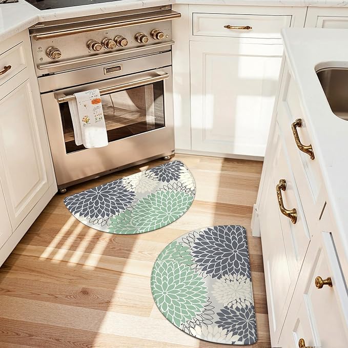 KIMODE Half Circle Kitchen Mats for Floor Cushioned Anti Fatigue 2PCS Semi | 28"x18"+28"x18",Half Round,Cyan,Boho Kitchen Rug Sets of 2,Non Slip,Waterproof,Padded Kitchen Carpet Decor for Sink Laundry
