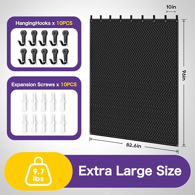 Extra Large Sound Dampening Blanket,96"x 80" Sound Absorbing Studio Blanket Panel with Grommets for Wall Hanging,Noise Cancelling Studio Acoustic Curtain/Light Blocker/Soundproof Moving Blanket
